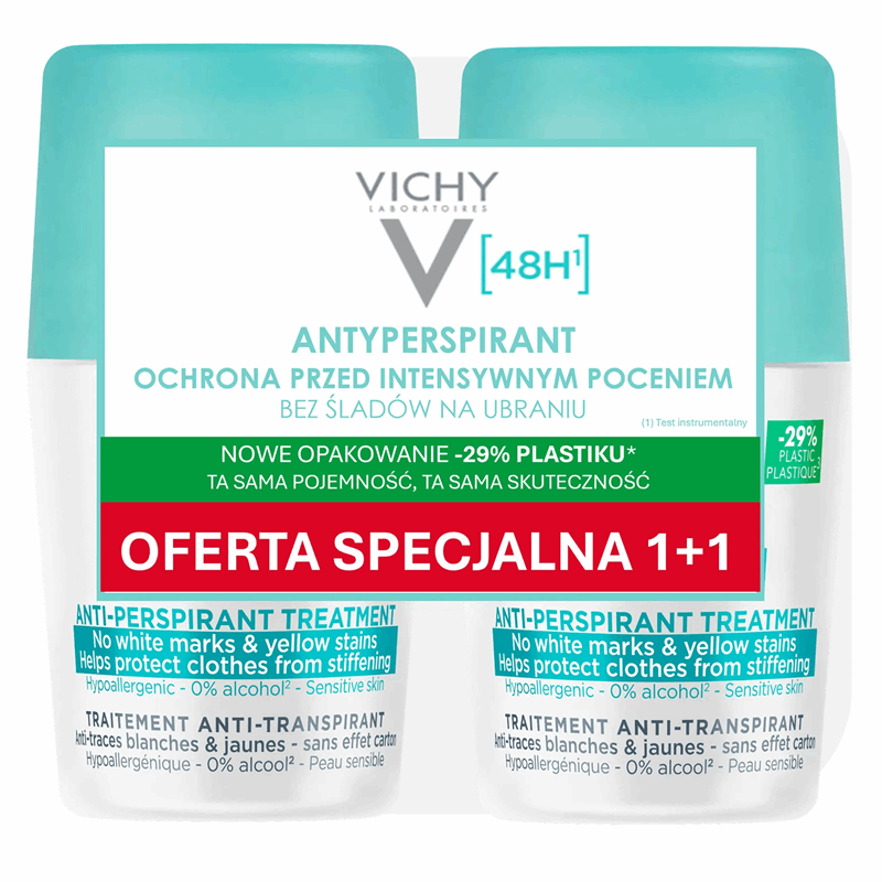 Vichy Antyperspirant 48 h Przeciw śladom na ubraniach roll-on, 2 szt. x 50 ml