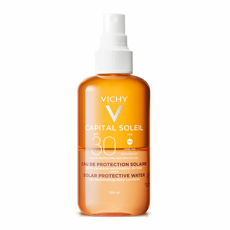 Vichy Capital Soleil SPF 30 Ochronna woda solarna przyspieszająca opalanie, 200 ml z atomizerem, beta-karotenem i lekką, nietłustą formułą do skóry wrażliwej.