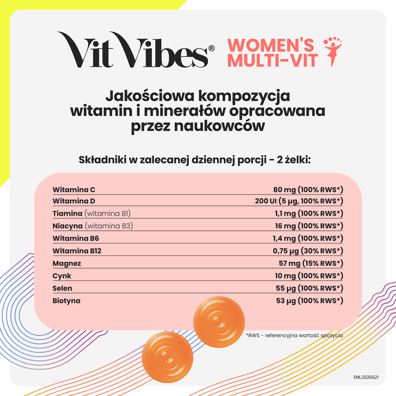 Vit Vibes Women's Multi-Vit żelki o smaku pomarańczy i mango, 60 szt.