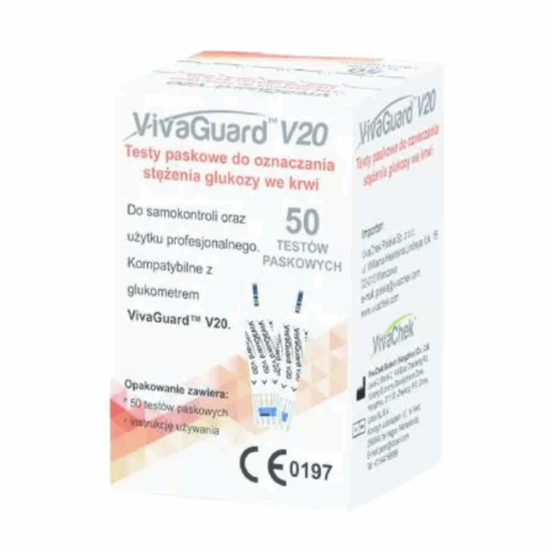 VivaGuard V20 Testy paskowe do oznaczania stężenia glukozy we krwi, 50 szt.