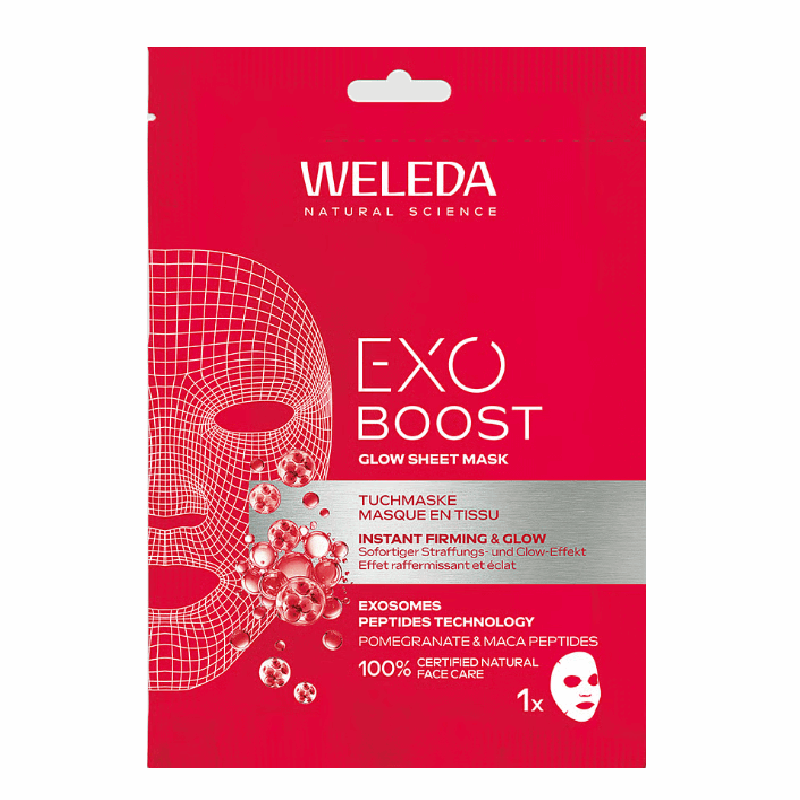 Weleda Exo Boost Glow maseczka w płachcie z granatem i peptydami maca, 20 ml