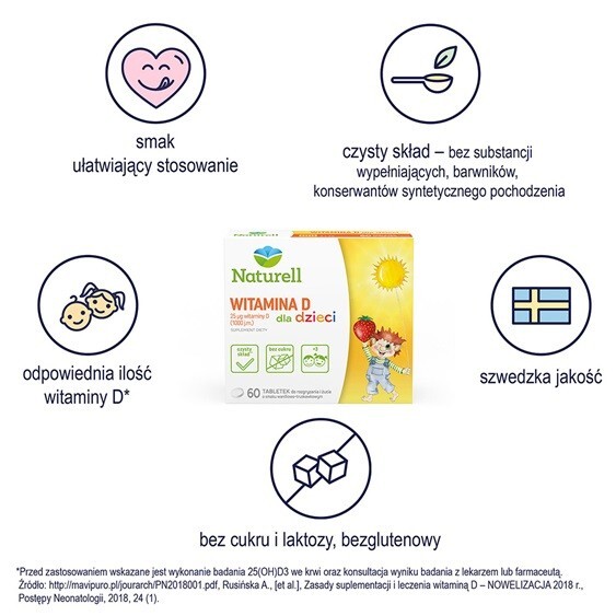 Naturell Witamina D dla dzieci tabletki do rozgryzania i żucia o smaku waniliowo-truskawkowym, 60 szt.