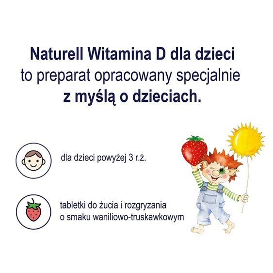 Naturell Witamina D dla dzieci tabletki do rozgryzania i żucia o smaku waniliowo-truskawkowym, 60 szt.
