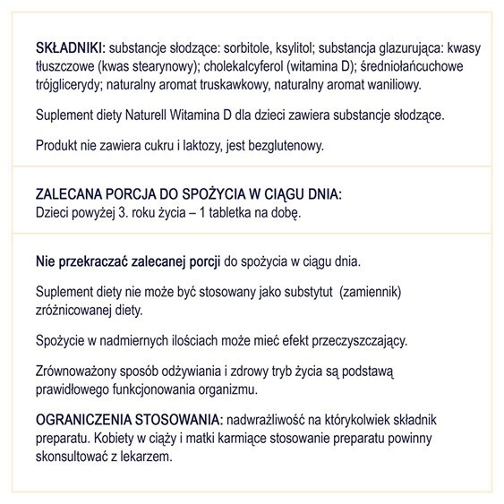 Naturell Witamina D dla dzieci tabletki do rozgryzania i żucia o smaku waniliowo-truskawkowym, 60 szt.