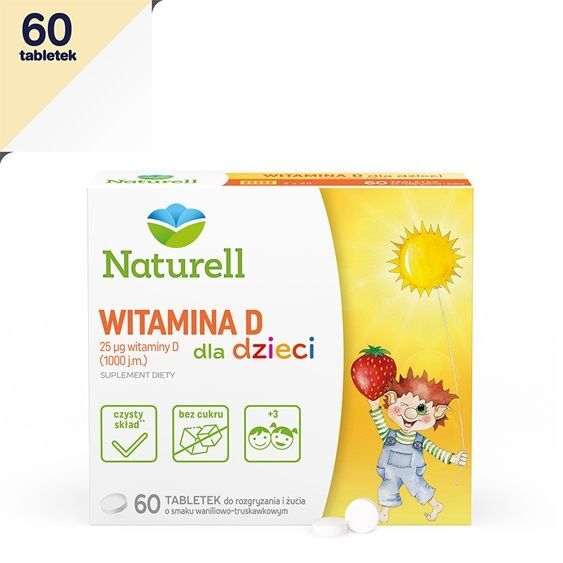 Naturell Witamina D dla dzieci tabletki do rozgryzania i żucia o smaku waniliowo-truskawkowym, 60 szt.