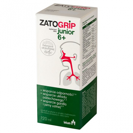 Zatogrip Junior 6+ syrop o smaku malinowym na przeziębienie i grypę, 120 ml