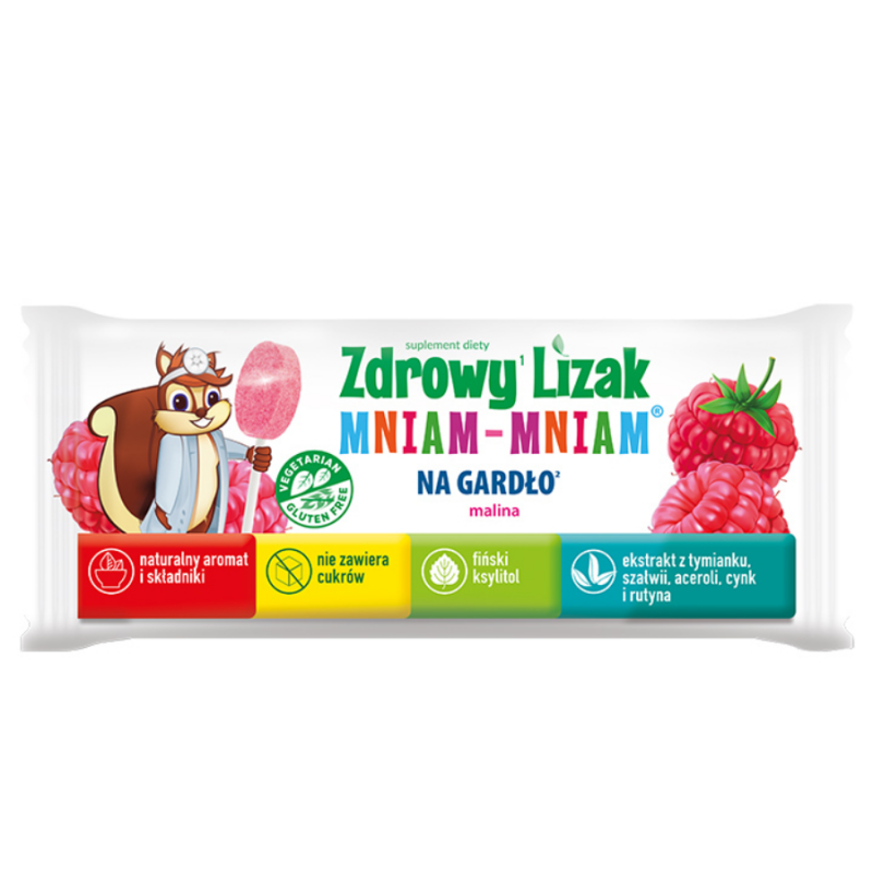 Zdrowy Lizak Mniam-Mniam na gardło o smaku malinowym, 1 szt.