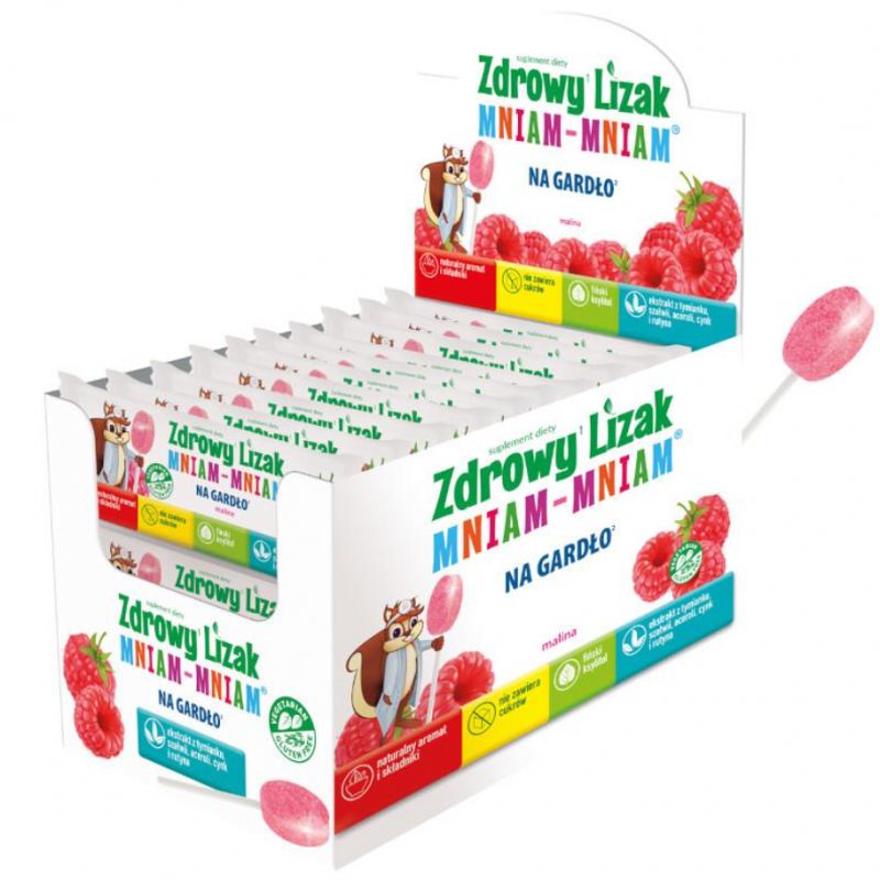 Zdrowy Lizak Mniam-Mniam na gardło o smaku malinowym, 40 szt.
