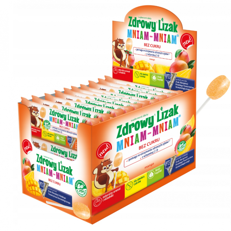 Zdrowy Lizak Mniam-Mniam z Witaminą C i D o smaku mango, 40 szt.
