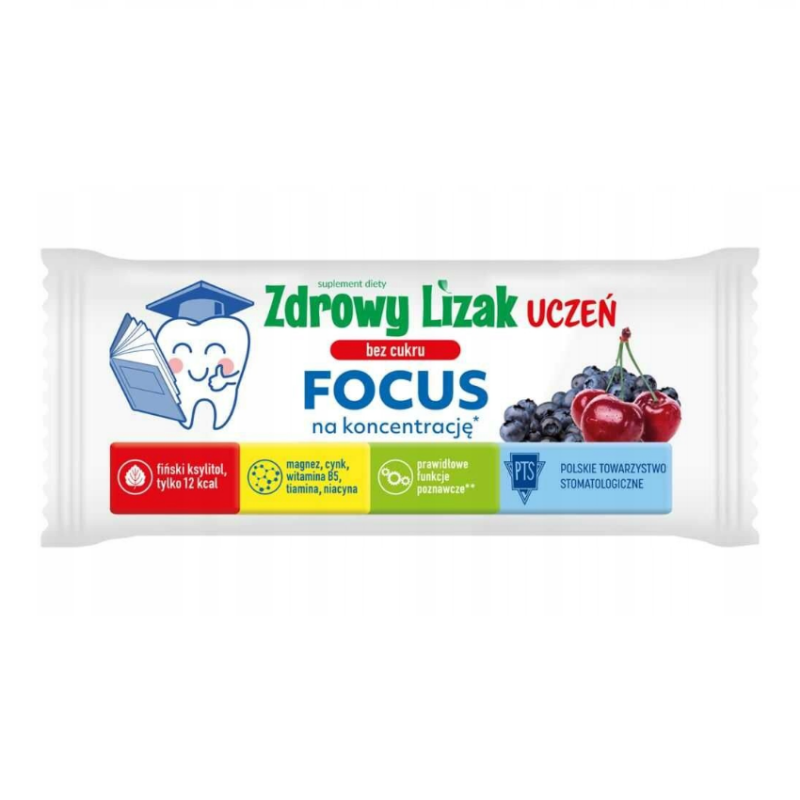 Zdrowy Lizak Uczeń Focus o smaku jagodowo-wiśniowym, 1 szt.